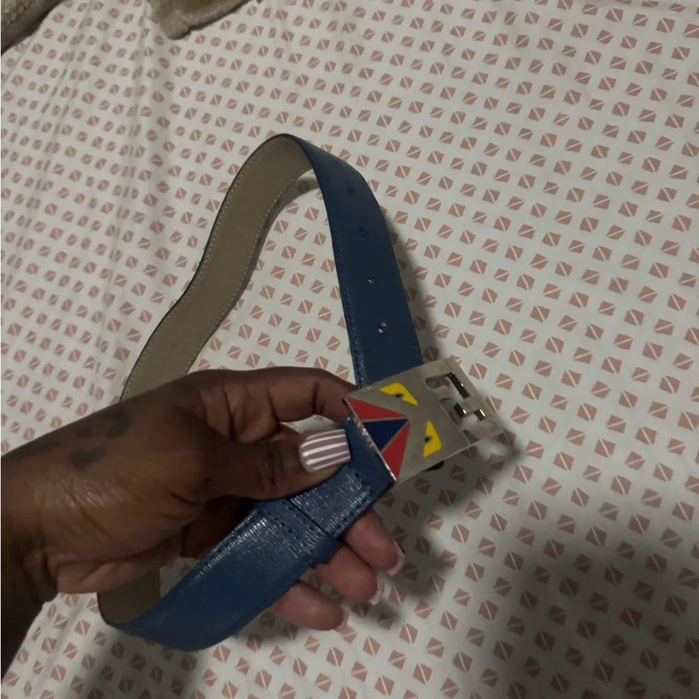 Fendi Beige and Blue Belt with Silver Buckle